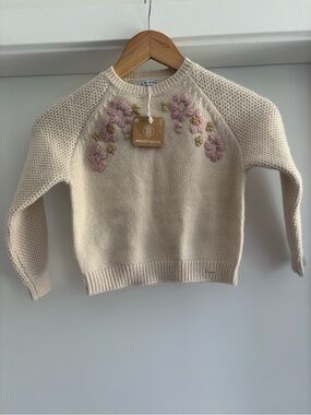 NWT Mayoral Cream Crewneck Sweater with Pink & Gold Floral Embroidery 5T